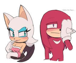 Size: 1086x903 | Tagged: safe, artist:sonicnewunivers, knuckles the echidna, rouge the bat, bat, echidna, 2026, blushing, cleavage, duo, english text, eyelashes, flat colors, frown, hand on head, insecure, knuxouge, lidded eyes, lip bite, shipping, simple background, smile, standing, straight, text, white background