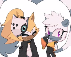 Size: 2048x1662 | Tagged: dead source, safe, artist:sonicnewunivers, tangle the lemur, whisper the wolf, lemur, wolf, 2023, blushing, chest fluff, clothes, cute, diamond cutters mask, duo, eyes closed, female, hand behind back, heart, heart tail, lesbian, mask, one fang, ponytail, shipping, simple background, smile, standing, tangabetes, tangle x whisper, whispabetes, white background