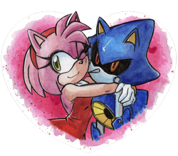 Size: 640x561 | Tagged: safe, artist:viciousbutprecious, amy rose, metal sonic, hedgehog, amy's halterneck dress, amybetes, black sclera, clothes, cute, dress, duo, eyelashes, female, heart, hugging, male, metamy, robot, shipping, simple background, smile, straight, transparent background, wink, youtube link in description