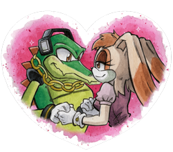 Size: 640x561 | Tagged: safe, artist:viciousbutprecious, vanilla the rabbit, vector the crocodile, crocodile, rabbit, duo, female, heart, holding hands, looking at each other, male, shipping, simple background, smile, straight, transparent background, vanilla x vector, youtube link in description