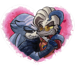 Size: 640x561 | Tagged: safe, artist:viciousbutprecious, dr. starline, mimic the octopus, black sclera, blade, duo, eyelashes, gay, hand on face, heart, holding something, knife, lidded eyes, looking at each other, mimic x starline, octopus, platypus, shipping, smile, smiling at each other, sparkles, weapon, yellow sclera, youtube link in description