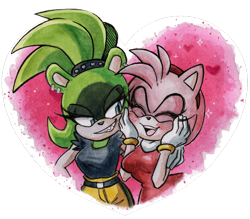 Size: 640x561 | Tagged: safe, artist:viciousbutprecious, amy rose, surge the tenrec, hedgehog, tenrec, amy's halterneck dress, arm around shoulders, blushing, cheek squish, clothes, crack shipping, dress, duo, eyelashes, female, hand on face, happy, heart, lesbian, lidded eyes, shipping, simple background, smile, surgamy, transparent background, youtube link in description