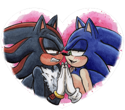 Size: 640x561 | Tagged: safe, artist:viciousbutprecious, shadow the hedgehog, sonic the hedgehog, hedgehog, blushing, duo, eyelashes, frown, gay, hands together, heart, lidded eyes, looking at each other, male, shadow x sonic, shipping, simple background, smile, transparent background, youtube link in description