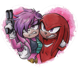 Size: 640x561 | Tagged: safe, artist:viciousbutprecious, julie-su, knuckles the echidna, echidna, arm around shoulders, belt, blaster, clothes, crop top, duo, female, frown, hair over one eye, heart, holding them, julie-su x knuckles, lidded eyes, looking offscreen, male, midriff, shipping, simple background, straight, transparent background, weapon, youtube link in description