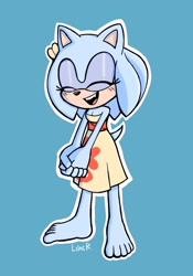 Size: 1434x2048 | Tagged: safe, artist:lilac reindeer, oc, oc:honeydew the hedgehog, hedgehog, 2023, barefoot, blue background, blushing, cleavage, clothes, cute, dress, eyelashes, eyes closed, female, hands together, happy, oc only, ocbetes, outline, seashell, signature, simple background, smile, solo, standing