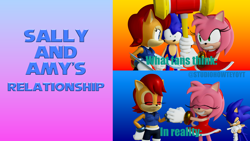 Size: 3840x2160 | Tagged: safe, artist:howteyoarts, artist:jackyd, amy rose, sally acorn, sonic the hedgehog, chipmunk, hedgehog, 2022, 3d, artist name, blender, duo focus, english text, female, friendship, holding something, male, meme, piko piko hammer, pointing, sally's ringblader outfit, standing, trio, weapon