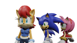 Size: 1920x1080 | Tagged: safe, artist:howteyoarts, artist:jackyd, artist:sab64, amy rose, sally acorn, sonic the hedgehog, chipmunk, hedgehog, 2022, 3d, blender, female, looking back, looking back at them, looking offscreen, male, meme, sally x sonic, sally's ringblader outfit, shipping, simple background, straight, transparent background, trio, walking
