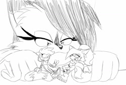 Size: 1280x866 | Tagged: safe, artist:howteyoarts, nicole the hololynx, tangle the lemur, whisper the wolf, lemur, lynx, wolf, 2024, black and white, female, lesbian, looking at them, macro, one fang, pushing, shipping, size difference, sketch, sweatdrop, tangle x whisper, trio