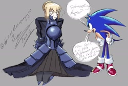 Size: 2048x1388 | Tagged: safe, artist:superguy551, sonic the hedgehog, human, 2025, character request, crossover, duo, english text, female, looking at them, male, mouth open, simple background, smile, speech bubble, standing