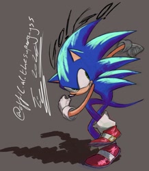 Size: 1496x1716 | Tagged: safe, artist:superguy551, sonic the hedgehog, 2025, clenched fists, grin, simple background, smile, solo, standing on one leg
