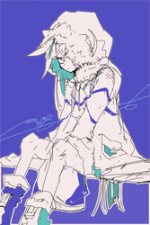 Size: 400x600 | Tagged: safe, artist:34_6, silver the hedgehog, human, 2026, border, hood, hood up, humanized, monochrome, purple background, signature, simple background, sitting, sketch, solo, white border