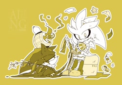 Size: 930x650 | Tagged: safe, artist:34_6, mephiles the dark, silver the hedgehog, 2025, duo, holding something, lidded eyes, looking at them, monochrome, simple background, sitting, smile, tanabata, yellow background
