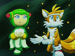 Size: 1280x960 | Tagged: safe, artist:lali-lop, cosmo the seedrian, miles "tails" prower, fox, seedrian, sonic x, 2022, bandage, chaos emerald, duo, female, firefly, holding something, looking offscreen, male, mouth open, nighttime, outdoors, redraw, signature, smile