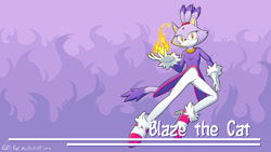Size: 1280x720 | Tagged: safe, artist:lali-lop, blaze the cat, cat, 2019, character name, english text, female, fire, flame, frown, looking at viewer, signature, solo, text, wallpaper
