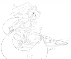 Size: 1280x1067 | Tagged: safe, artist:soina, miles "tails" prower, fox, 2019, alternate hairstyle, alternate version, bodysuit, clothes, eyelashes, female, frown, gender swap, gun, holding something, line art, looking offscreen, monochrome, ponytail, posing, signature, simple background, solo, weapon, white background