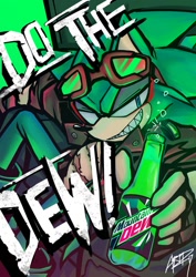 Size: 724x1024 | Tagged: safe, artist:artphantom17, scourge the hedgehog, hedgehog, 2020, bottle, bubble, clenched teeth, clothes, drink, english text, eyewear on head, green background, holding something, jacket, lidded eyes, looking at viewer, male, mountain dew, scar, sharp teeth, signature, simple background, sitting, smile, smiling at viewer, smug, solo, sunglasses, text
