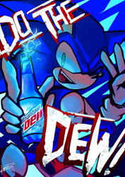 Size: 502x710 | Tagged: safe, artist:artphantom17, sonic the hedgehog, hedgehog, 2020, bottle, drink, electricity, english text, exclamation mark, holding something, male, mountain dew, mouth open, open smile, signature, smile, smiling at viewer, solo, text, v sign, wink