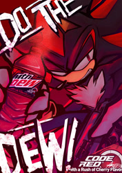 Size: 552x781 | Tagged: safe, artist:artphantom17, shadow the hedgehog, hedgehog, 2020, bottle, clenched teeth, drink, english text, exclamation mark, gun, holding something, lidded eyes, male, mist, mountain dew, pointing, red background, signature, simple background, solo, text, weapon