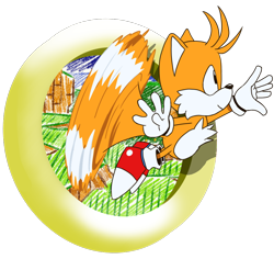 Size: 956x903 | Tagged: safe, artist:laymon, miles "tails" prower, fox, 2019, chest fluff, classic sonic (universe), classic tails, emerald hill, flat colors, flying, looking offscreen, male, mania style, mid-air, portal, reaching out, ring, simple background, smile, solo, spinning tails, style emulation, transparent background