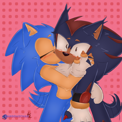 Size: 768x768 | Tagged: safe, artist:berrywings0art, shadow the hedgehog, sonic the hedgehog, hedgehog, 2026, alternate outfit, arm fluff, blushing, chest fluff, claws, cute, duo, ear fluff, eyes closed, fingerless gloves, fluffy, frown, gay, gloves, kiss, kiss on cheek, male, redraw, shadow x sonic, shadowbetes, shipping, shrunken pupils, sonabetes, standing, surprise kiss, surprised, wagging tail