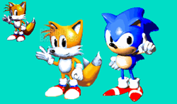 Size: 10200x6000 | Tagged: safe, artist:gamingbro523, miles "tails" prower, sonic the hedgehog, fox, hedgehog, 2026, blue background, classic sonic, classic tails, clenched fist, duo, male, pixel art, redraw, reference inset, simple background, smile, sonic the hedgehog 3, sprite, standing, waving