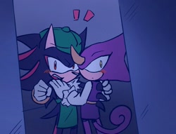 Size: 1513x1154 | Tagged: safe, artist:aleespace-art, espio the chameleon, shadow the hedgehog, hedgehog, the murder of sonic the hedgehog, 2026, angry, blushing, chameleon, clothes, duo, gay, hat, holding each other, looking at viewer, male, mouth open, shadpio, shipping, standing, surprised