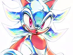 Size: 2048x1545 | Tagged: safe, artist:spacedawgspace, sonic the hedgehog, hedgehog, 2026, alternate version, clenched teeth, front view, hyper form, hyper sonic, looking at viewer, male, simple background, smile, smiling at viewer, solo, sparkles, white background