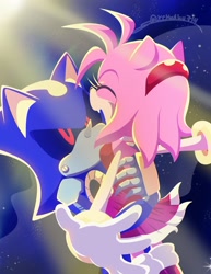 Size: 1583x2048 | Tagged: safe, artist:kcthulhu714, amy rose, metal sonic, hedgehog, 2026, arms out, black sclera, duo, eyelashes, eyes closed, female, happy, holding them, lineless, looking at them, male, metamy, metamy week, mouth open, one fang, open smile, robot, shipping, signature, smile, space, straight