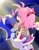 Size: 1583x2048 | Tagged: safe, artist:kcthulhu714, amy rose, metal sonic, hedgehog, 2026, arms out, black sclera, duo, eyelashes, eyes closed, female, happy, holding them, lineless, looking at them, male, metamy, metamy week, mouth open, one fang, open smile, robot, shipping, signature, smile, space, straight