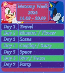 Size: 1071x1200 | Tagged: safe, artist:metamyweek, amy rose, metal sonic, hedgehog, 2026, black sclera, duo, english text, female, male, metamy, metamy week, robot, shipping, straight, text