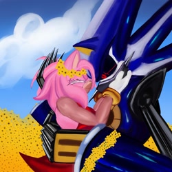 Size: 2000x2000 | Tagged: safe, artist:charliehillf, amy rose, metal sonic, neo metal sonic, hedgehog, 2026, black sclera, clouds, daytime, duo, eyes closed, female, field, flower, flower crown, glowing eyes, lineless, looking at them, male, metamy, metamy week, outdoors, robot, shipping, smile, straight, sunflower