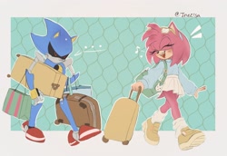 Size: 2048x1412 | Tagged: safe, artist:inezisaa, amy rose, metal sonic, hedgehog, ..., 2026, alternate outfit, amybetes, backpack, bag, black sclera, blushing, clothes, cute, duo, eyes closed, eyewear on head, female, happy, holding something, looking at them, male, metamy, metamy week, mouth open, musical note, open smile, outline, shipping, shoes, signature, skirt, smile, socks, standing, straight, suitcase, sunglasses, sweater, walking