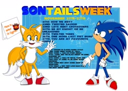 Size: 1280x915 | Tagged: safe, artist:sontailsweek, miles "tails" prower, robotnik, sonic the hedgehog, fox, hedgehog, 2019, duo, english text, gay, male, shipping, smile, sonic x tails, sontails week, standing, text