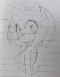 Size: 1598x2048 | Tagged: safe, artist:sukismp0, amy rose, hedgehog, 2026, amybetes, clothes, cute, dress, eyelashes, female, line art, lined paper, monochrome, mouth open, open smile, sketch, smile, smiling at viewer, solo, traditional media