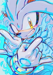 Size: 1284x1800 | Tagged: safe, artist:isabellearaz, silver the hedgehog, hedgehog, 2026, arms folded, blushing, clenched teeth, devil horns (gesture), male, neck fluff, psychokinesis, smile, smiling at viewer, solo
