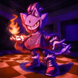 Size: 1500x1500 | Tagged: safe, artist:nebacer, blaze the cat, cat, 2026, alternate outfit, alternate universe, angry, au:outcome memories, clothes, dark, ear fluff, eyelashes, female, fire, flame, gloves, lineless, looking at viewer, no mouth, poncho, shoes, signature, solo