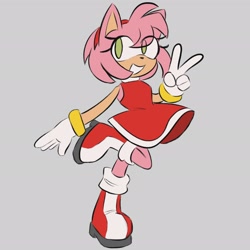 Size: 2048x2048 | Tagged: safe, artist:_roxydraws, amy rose, hedgehog, 2026, amybetes, boots, clenched teeth, clothes, cute, dress, eye clipping through hair, eyelashes, female, flat colors, grey background, looking back, looking offscreen, simple background, smile, socks, solo, standing, standing on one leg, v sign