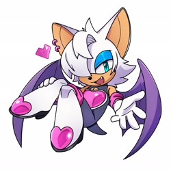Size: 2048x2048 | Tagged: safe, artist:nikkikaji, rouge the bat, oc, oc:rogue the bat (nikkikaji), bat, 2025, alternate hairstyle, cute, ear piercing, femboy, gender swap, hair over one eye, heart, legs crossed, lidded eyes, male, mouth open, one fang, open smile, reaching out, reaching towards the viewer, rougabetes, simple background, smile, smiling at viewer, solo, white background