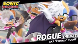 Size: 1920x1080 | Tagged: safe, rouge the bat, oc, oc:rogue the bat (nikkikaji), bat, 2026, 3d, alternate hairstyle, butt, english text, eyelashes, fangs, femboy, hair over one eye, lidded eyes, male, mod, mouth open, open smile, smile, solo, sonic racing crossworlds, text