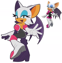 Size: 2034x2048 | Tagged: safe, artist:nikkikaji, rouge the bat, bat, 2025, eyelashes, female, lidded eyes, mouth open, one fang, open smile, reaching out, reaching towards the viewer, redraw, reference inset, riders style, signature, simple background, smile, smiling at viewer, solo, sonic racing crossworlds, standing, standing on one leg, style emulation, white background