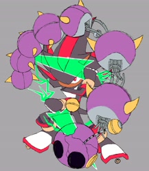Size: 3550x4096 | Tagged: safe, artist:superguy551, caterkiller, shadow the hedgehog, 2024, badnik, grey background, holding something, looking at viewer, male, mega man, redraw, robot, simple background, solo