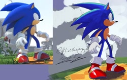 Size: 2048x1296 | Tagged: safe, artist:superguy551, sonic the hedgehog, sonic x shadow generations, 2024, outdoors, redraw, reference inset, screencap, signature, solo, sonic generations, standing, white space