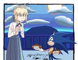 Size: 2048x1571 | Tagged: safe, artist:superguy551, sonic the hedgehog, human, artoria pendragon (fate), chili dog, clouds, crossover, duo, fate (series), female, food, grin, holding something, male, mouth open, outdoors, signature, smile, standing, sun