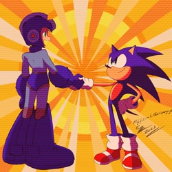 Size: 2048x2048 | Tagged: safe, artist:soop215, sonic the hedgehog, 2023, crossover, duo, handshake, looking at each other, looking at them, male, mega man, mega man (series), signature, smile, standing