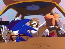 Size: 2048x1535 | Tagged: safe, artist:superguy551, sonic the hedgehog, human, 2023, car, character request, crossover, driving, female, frown, male, mouth open, rayman, rayman (series), sonic boom (tv), trio