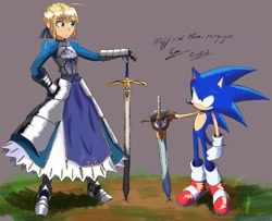 Size: 2048x1662 | Tagged: safe, artist:superguy551, caliburn, sonic the hedgehog, human, sonic and the black knight, 2023, armor, artoria pendragon (fate), crossover, duo, fate (series), female, grey background, holding something, looking at each other, looking at them, male, simple background, smile, standing, sword