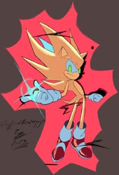 Size: 1336x1964 | Tagged: safe, artist:superguy551, sonic the hedgehog, super sonic, sonic frontiers, 2023, alternate eye color, brown background, clenched fist, looking at viewer, redraw, simple background, solo, super form