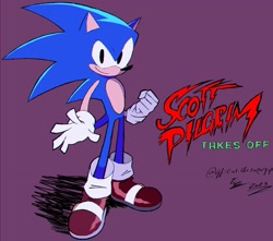 Size: 1900x1680 | Tagged: safe, artist:superguy551, sonic the hedgehog, 2023, clenched fist, english text, looking at viewer, purple background, scott pilgrim (series), simple background, smile, solo, standing