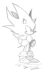 Size: 800x1100 | Tagged: safe, artist:superguy551, sonic the hedgehog, super sonic, 2023, classic sonic, classic sonic (universe), clenched fists, greyscale, monochrome, simple background, sketch, solo, spot color, standing, super form, white background