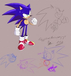 Size: 3000x3200 | Tagged: safe, artist:superguy551, sonic the hedgehog, 2023, eyes closed, grey background, implied amy, mouth open, simple background, sketch, smile, solo, standing